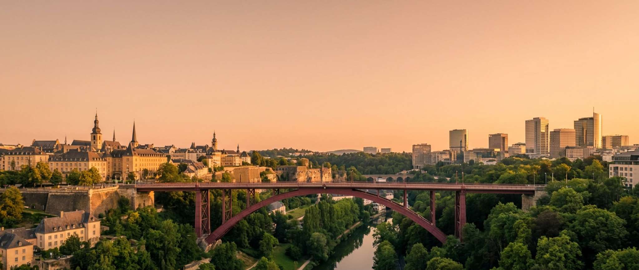 Luxembourg’s medieval old town and modern financial district, joined across the valley by a single bridge.